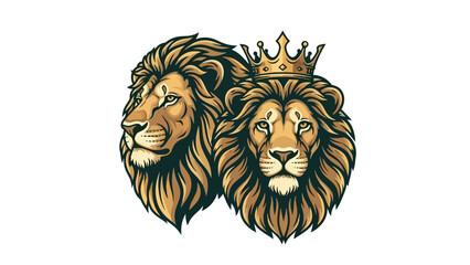 Lion Head Duo with Crown Majestic Feline Power and Regal Symbolism Illustration