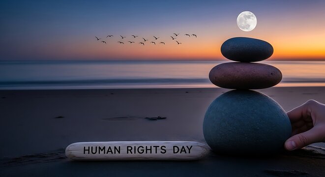 Zen stones stacked on beach with moon and birds for human rights day