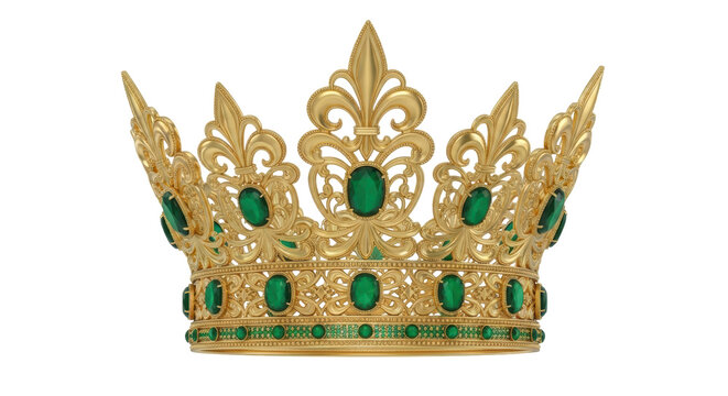 Ornate golden crown with green emeralds isolated PNG, royal headwear for queen or princess on transparent background