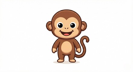 Obraz premium Playful baby monkey standing with happy face, brown fur, cute big round eyes, vector illustration, minimal clean style, isolated on white background.