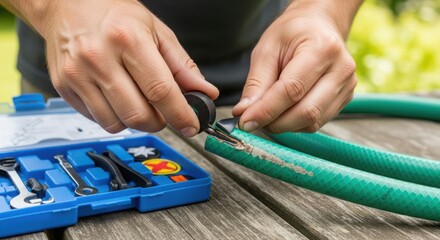 Hands repairing garden hose on weathered wooden table, fixing garden hose with repair kit. Process involves preparing damaged area and applying a patch, fixing garden hose with tools.