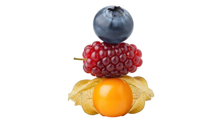 Stack of physalis, raspberry and blueberry isolated PNG, fresh and colorful fruits on transparent background, healthy eating concept