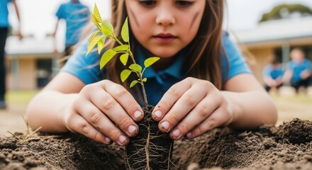 Planting tree sapling by schoolgirl, demonstrating environmental care and responsibility. Young student plants sapling in soil, handling delicate plant.