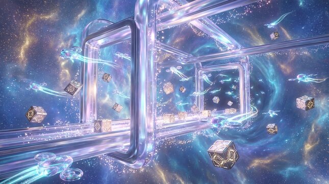 Abstract futuristic digital data stream flowing through geometric structures and illuminated cubes in a glowing neon cosmic network, representing big data, metaverse, or AI.