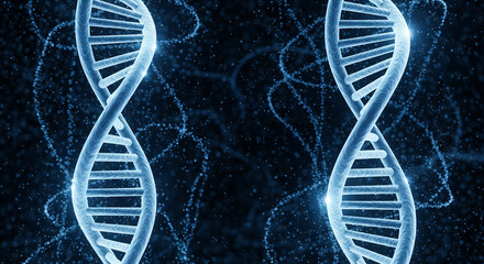 Two Blue Dna Strands Twisting Together with Glowing Particles and Energy Trails