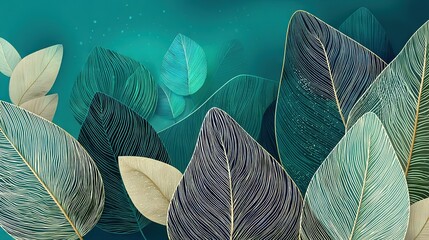 Blue green gradient leaf texture background with fine line veins, contemporary botanical abstract for print materials, web design, and modern branding