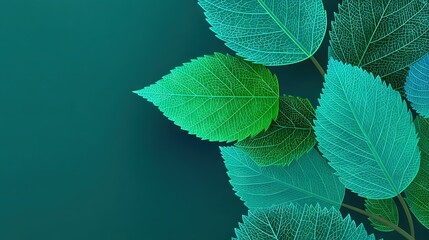 Flat vibrant green to teal gradient background with simplified leaf silhouettes, abstract natural backdrop for posters, web banners, presentations, and marketing