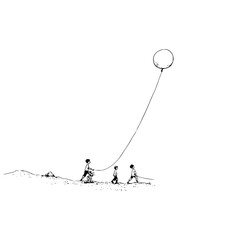 Children walking with balloon drawing illustration art print minimalist sketch black and white line art simple design