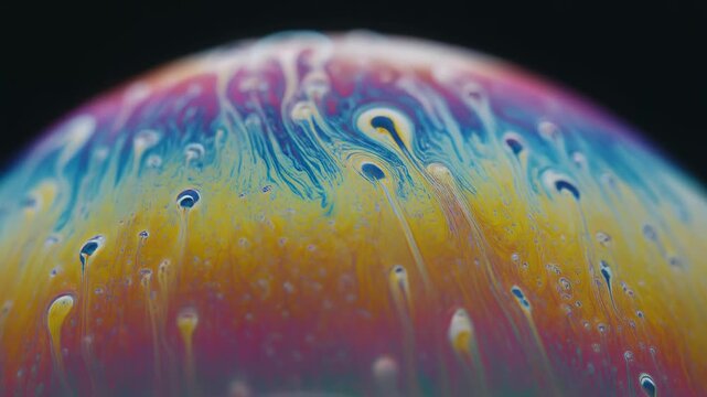Macro View of a Colorful Soap Bubble Surface with Iridescent Swirls and Droplets abstract