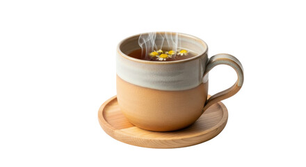 Steaming cup of chamomile tea with flowers isolated PNG, herbal drink for relaxation and wellness on transparent background