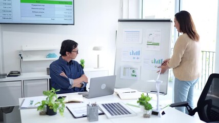 Asian adult business professionals analyze financial data presentation modern office discuss investment strategy planning future growth - Powered by Adobe