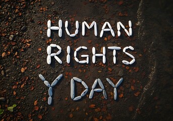 Human rights day is written with pebbles on the ground with leaves