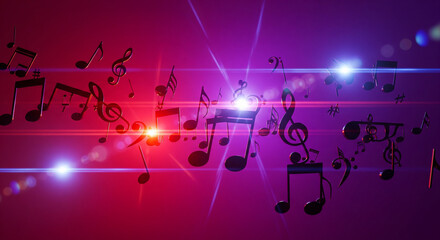 Musical Notes Floating Abstract Background with Red and Purple Lights and Lens Flares