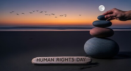 Hand balancing stones on beach at sunset to celebrate human rights day