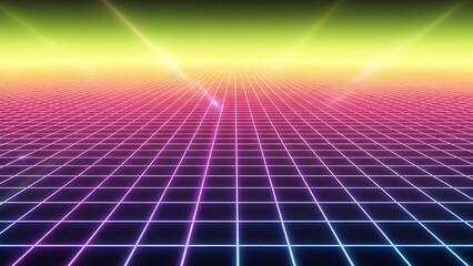 Retro futuristic grid landscape with glowing neon lines and vibrant gradient sky, creating a classic 80s synthwave aesthetic with a digital, sci-fi atmosphere.