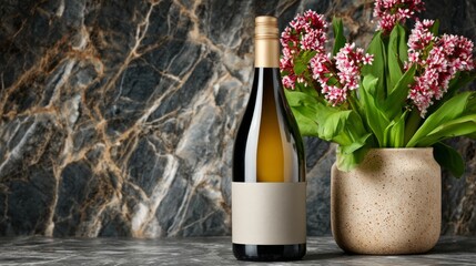 Elegant wine bottle with blank label, placed beside a vibrant bouquet of flowers in a textured ceramic pot, set against a luxurious marble background, ideal for product display and lifestyle imagery