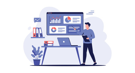 Businessman analyzing financial data on a large dashboard screen with various charts and graphs for a business presentation.