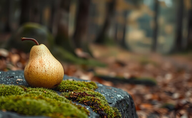 A beautiful yellow pear lies on a moss-covered stone.