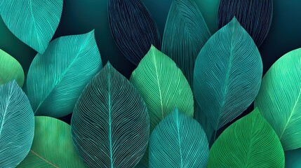 Vectorized green and dark turquoise leaf field background with dense overlapping foliage and fine linear veins for nature concepts and packaging