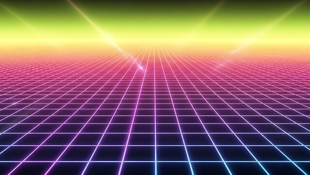 Retro futuristic grid landscape with glowing neon lines and vibrant gradient sky, creating a classic 80s synthwave aesthetic with a digital, sci-fi atmosphere.