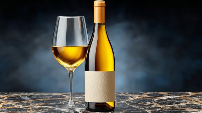 Elegant wine bottle with blank label beside a filled glass of white wine on a luxurious marble surface, showcasing the rich color and inviting atmosphere for fine dining experiences - Powered by Adobe
