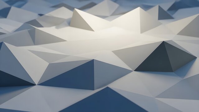 Abstract 3D low-poly surface with geometric triangular shapes in soft blue and beige lighting, creating a modern, minimal, and futuristic textured landscape.