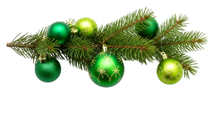 Green Christmas ornaments on fir branch, isolated on transparent background