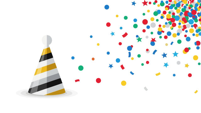 A party hat with black and gold stripes sits near a colorful explosion of confetti on a white background. - Powered by Adobe