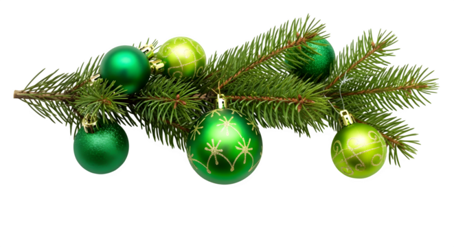 Green Christmas ornaments on fir branch, isolated on transparent background