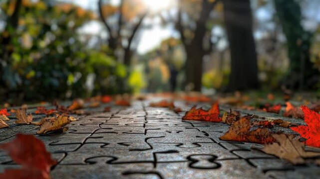 Video A single puzzle piece lying on the ground, surrounded by leaves