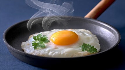 Freshly cooked fried egg with a bright yellow yolk, garnished with green herbs, sizzling in a black frying pan, creating an appetizing and inviting culinary scene