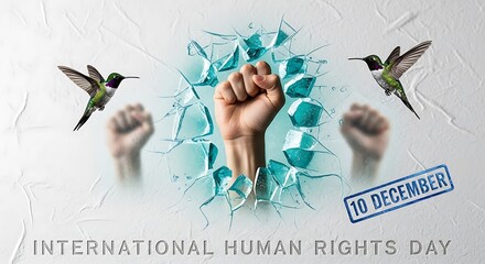 International human rights day with hand breaking glass and flying hummingbirds