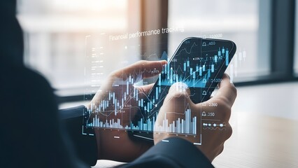 Analyzing financial data on a smartphone with holographic charts overlayed for investment and stock market insights in business