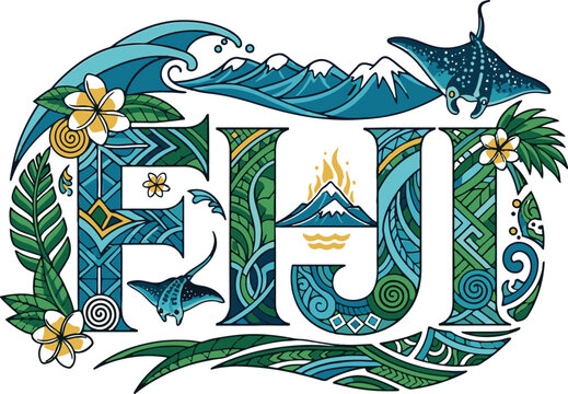 Fiji Landscape with Mountains Waves and Stingrays within Text Fiji island nation