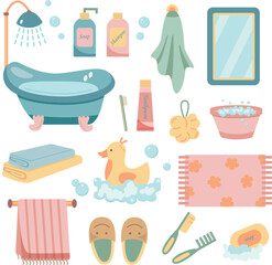 Bath time vector set with bathroom accessories