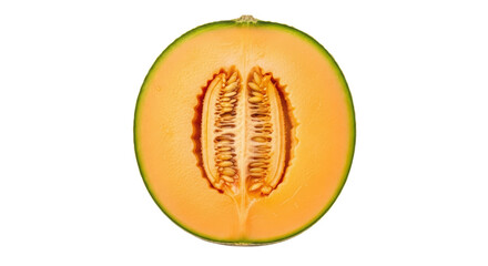 Half cantaloupe PNG isolated on transparent background, fresh orange melon with seeds for healthy eating and summer fruit designs