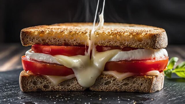 Freshly prepared sandwich with melted cheese and basil leaves