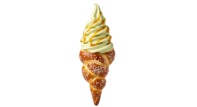 Pretzel cone with pistachio ice cream isolated PNG, sweet and savory dessert on transparent background, unique food concept