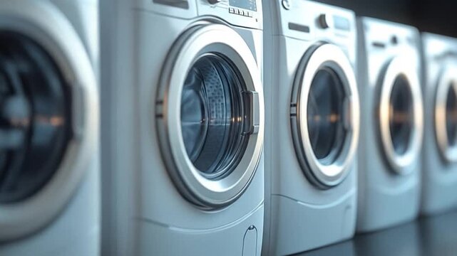 Row of white washing machines with closed doors, side view with focus on front