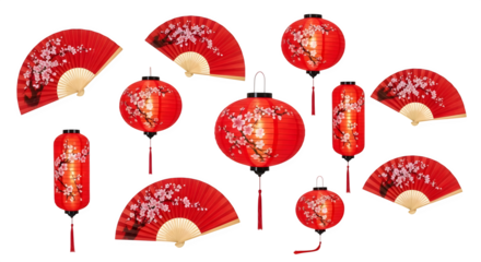 Red Lanterns and Fans with Cherry Blossom Design, isolated on transparent background