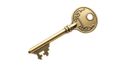 Ornate golden key PNG isolated on transparent background, antique style passkey for security and unlocking concepts