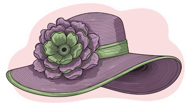 Elegant hand-drawn illustration of a purple ladies' summer sun hat adorned with a large green flower and ribbon