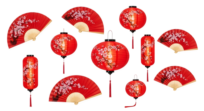 Red Lanterns and Fans with Cherry Blossom Design, isolated on transparent background