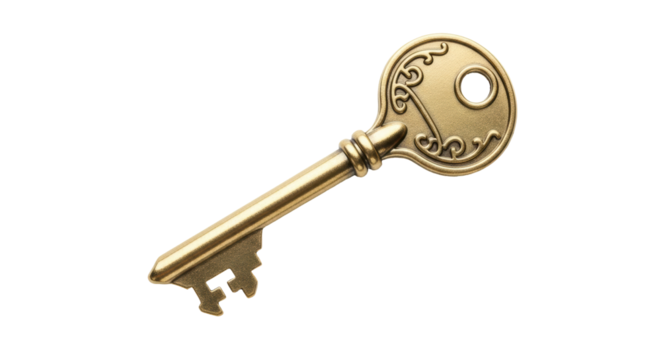 Ornate golden key PNG isolated on transparent background, antique style passkey for security and unlocking concepts