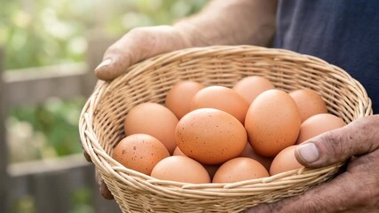 Freshly harvested eggs are gathered from the backyard hen house in the morning sunlight