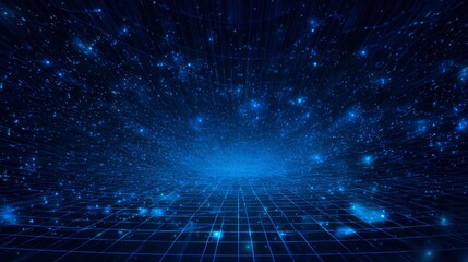 Fototapeta premium Digital grid recedes into a starry, illuminated expanse of deep space.