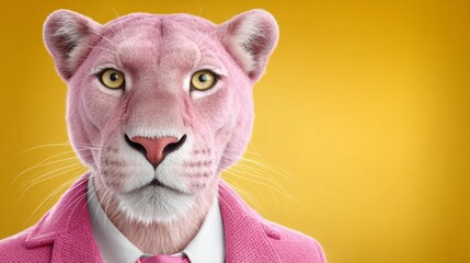 Pink lion character wearing a stylish suit and tie, posing confidently against a vibrant yellow background, showcasing a blend of whimsy and sophistication in a playful illustration
