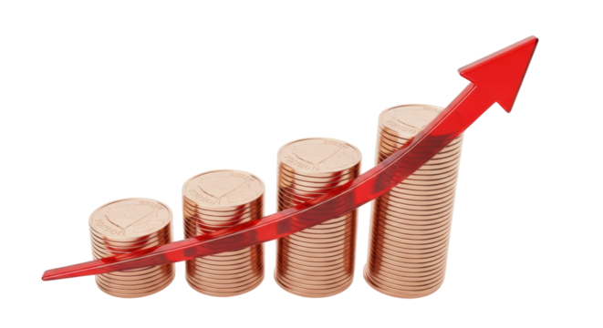 Rising coin stacks with red arrow isolated PNG, financial growth concept on transparent background, investment and success metaphor