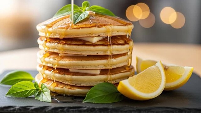 Golden stack of pancakes with dripping syrup lemon and fresh basil leaves