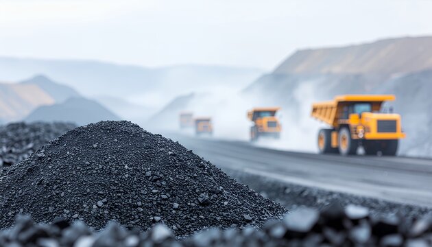 Industrial landscape with coal pile at mining site with trucks
